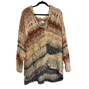 Free People Hooded Knit Sweater Womens L Multicolor Boho Textured Mixed Design